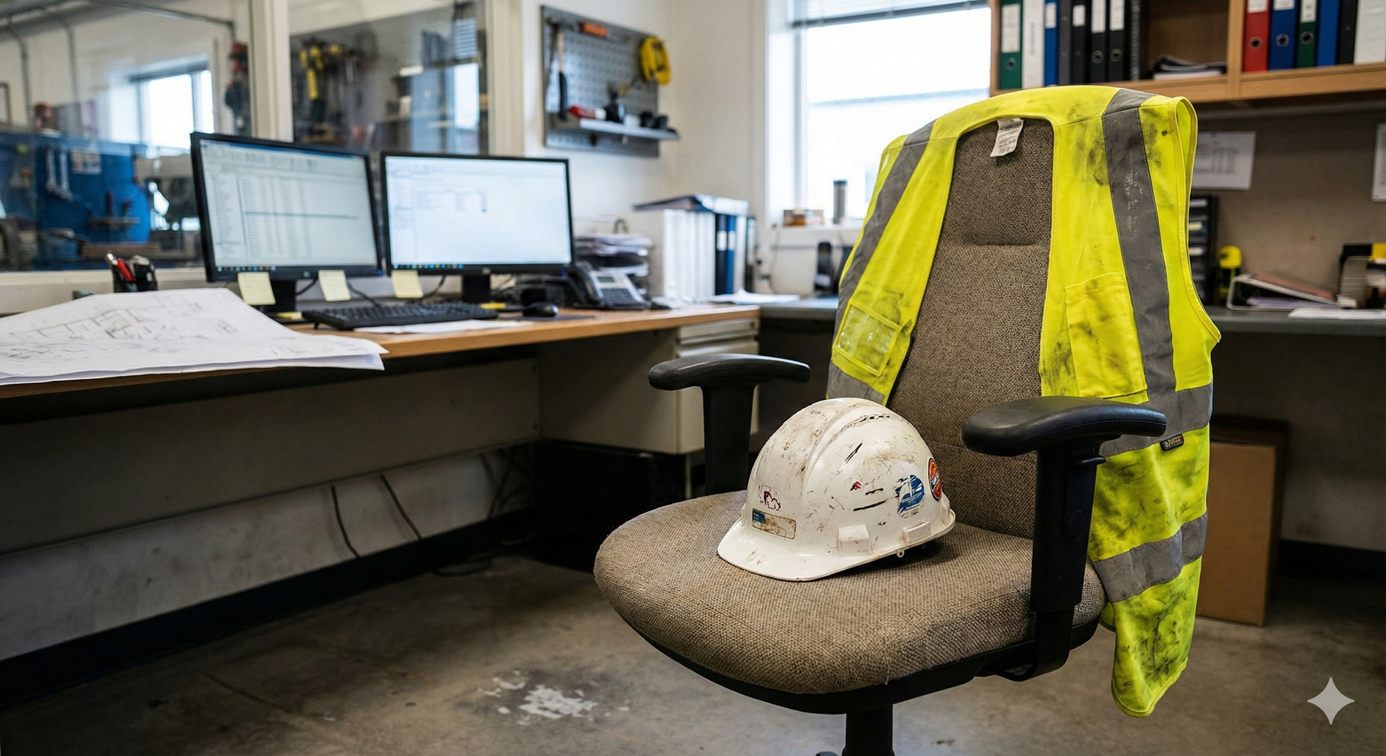 Refleksvest og hjelm på kontorstol - kontrasten mellom kontor og felt